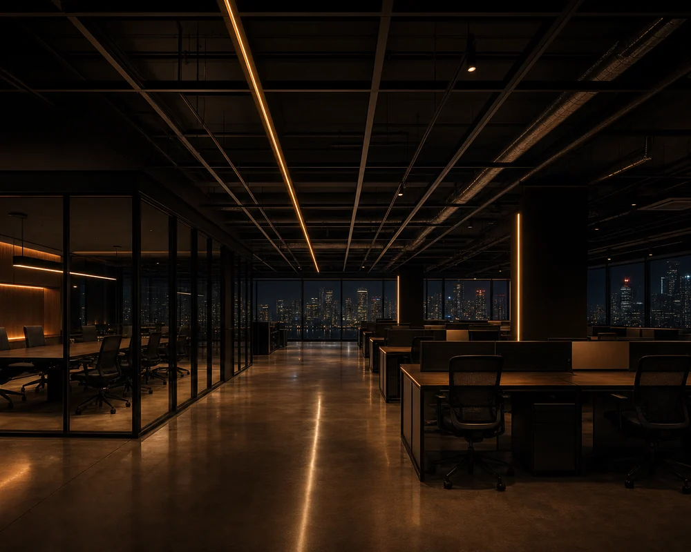 Open-plan office with glass boardroom and polished concrete floor