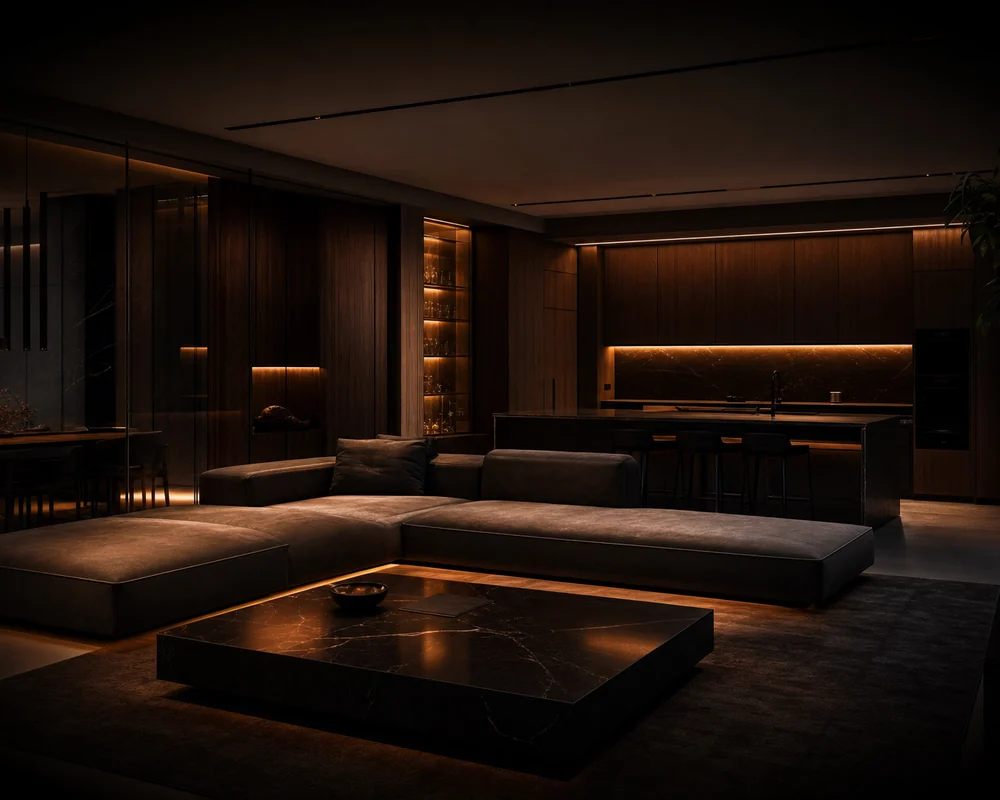 Residential living area with marble coffee table and warm integrated LED