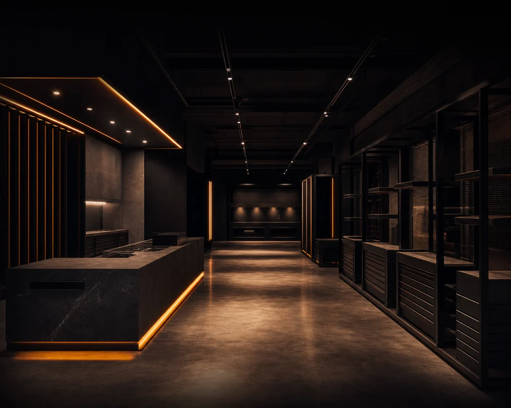Dark showroom fit-out with marble island and amber cove lighting